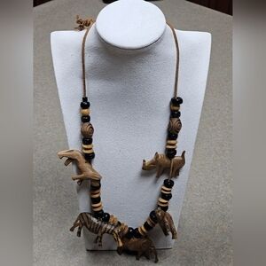 Vintage Ethnic Wooden Carved African Safari Animal Necklace